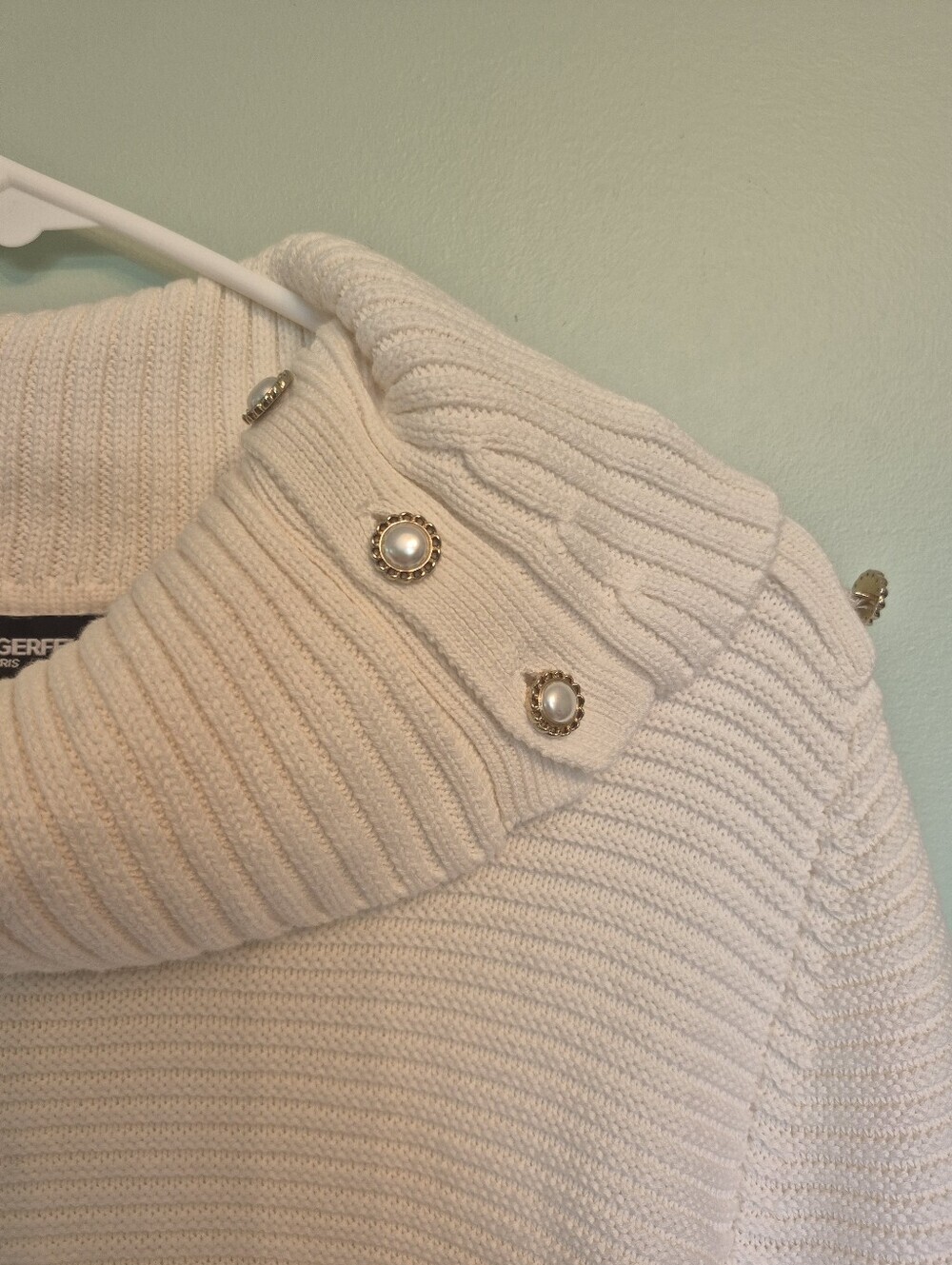 Karl Langerfeld Women's Cream Cowl Neck Pearl Button Fringe Sweater Size Large - Picture 3 of 7